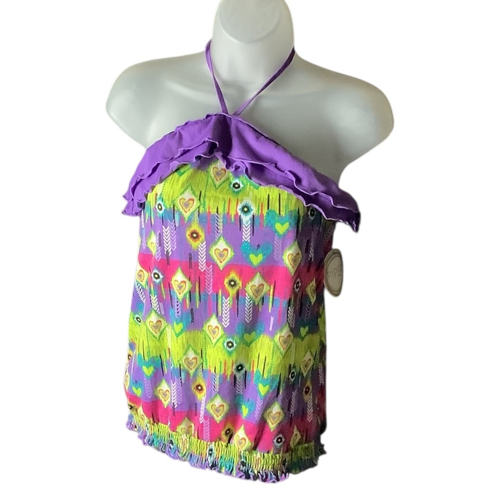 Piper Girls Tie Dye Ruffle Halter Top Tank Shirt Size L 10/12 Multicolor Hearts‎